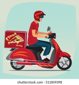 Young man working the pizza courier. Riding on branded red scooter for carries  rush order. Food delivery concept. Side view and cartoon style. Vector illustration