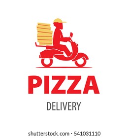 Young man working the pizza courier. Riding on branded red scooter for carries rush order. Food delivery concept. Side view and cartoon style. Vector illustration