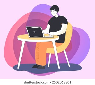 Joven trabajando a distancia en casa. Empleado masculino sentado en la mesa y usando Ilustración vectorial plana portátil. Trabajo remoto, concepto freelance