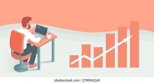 Ein junger Mann arbeitet aus der Ferne mit einem Laptop. Setzt sich an einen Tisch mit einer Tasse Kaffee. Finanzwachstum und Erfolgsdiagramm. Platz für Text. Vektorisometrische Abbildung.