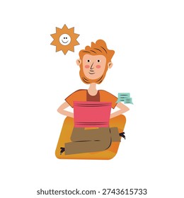 Young Man Working Remotely on Laptop with Sun – Freelance Flat Vector Illustration
