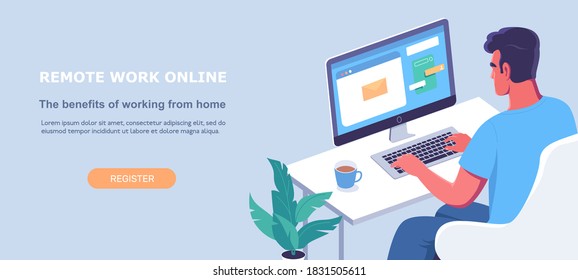 Young man working remotely online at home isometric illustration 