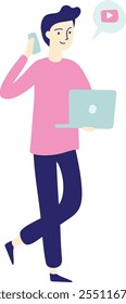 Young man working remotely, using his laptop and smartphone, thinking about a video platform, full length portrait on white background