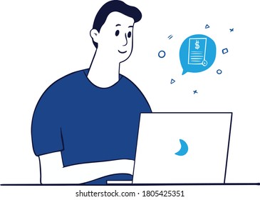 Young man working and researching on laptop illustration