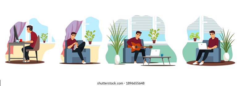 Young man working and resting at home set. Boy working at computer, guy playing guitar, sitting with phone or laptop. Weekend activities indoor vector illustration. Remote workplace.