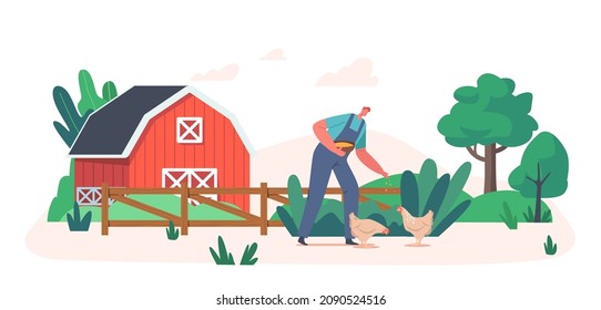 Young Man in Working Robe Feeding Fowl on Village Nature. Male Farmer, Villager Character at Work. Care of Birds on Poultry Farm at Summertime, Agriculture, Farming. Cartoon Vector Illustration