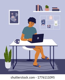 Young man working or studying from home using laptop. Student or freelancer sitting behind table. Online education, remote learning. Programmer workplace, home office in apartment. Vector illustration