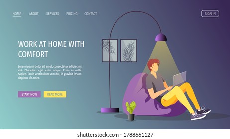 Young man working or studying at home in the armchair. Freelance, work at home, online job, home office, e-learning concept. Vector illustration for poster, banner, website, advertisement.