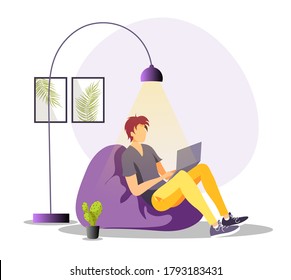 Young man working or studying at home in a beanbag chair. Home office online freelancer working job at home, E-learning and chatting concept. Isolated vector illustration for poster, banner, cover.