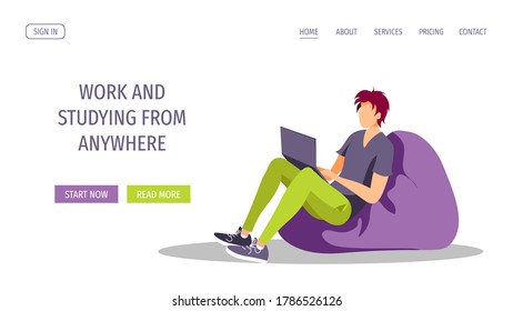 Young man working or studying with laptop in the armchair. Freelance, work at home, online job, home office, e-learning concept. Vector illustration for poster, banner, flyer, website, advertisement.
