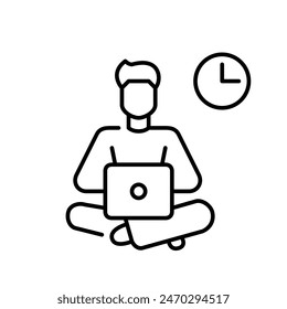Hombre joven que trabaja o que estudia en la computadora portátil, símbolo del reloj. Gestión del tiempo y fecha límite de trabajo digital. Icono de Vector de trazo perfecto y editable
