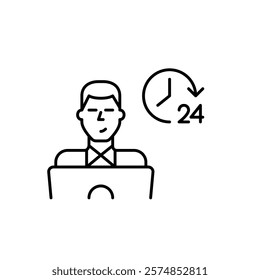 Young man working or studying at laptop and 24 clock. All hours availability, round the clock focus. Pixel perfect vector icon