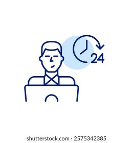 Young man working or studying at laptop and 24 clock. All hours availability, round the clock focus. Pixel perfect, editable stroke icon