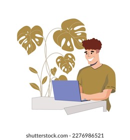 Young man working or studying on his laptop. Flat vector illustration.