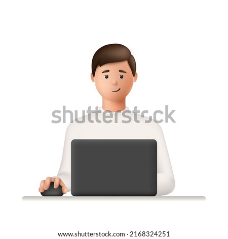 Young man working and studying on laptop computer. 3d character Isolated on white background. Online learning or remote work concept. Vector Illustration