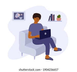 Junge Menschen, die mit Laptop arbeiten, lernen oder spielen. Student oder Freiberufler auf dem Sofa. Online-Bildung, virtuelle Fernarbeit. Programmierer-Arbeitsplatz, Heimbüro in der Wohnung. Vektorgrafik