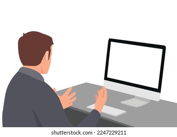 Young man working and talking to someone on a computer. View from his back with blank screen. Flat vector illustration isolated on white background