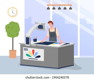 Joven trabajando en tipografía de impresión a impresora. Concepto de carácter de empleado, dispositivo electrónico, laptop y computadora, servicio de pintura. Ilustración vectorial de la imprenta de la casa en el área de producción