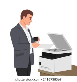 Joven trabajando en tipografía de impresión a impresora. Concepto de carácter de empleado, dispositivo electrónico, laptop y computadora, servicio de pintura. Ilustración vectorial plana aislada en fondo blanco