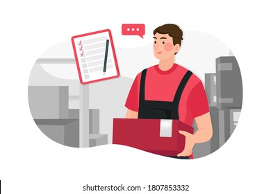 Joven trabajando en un almacén con el concepto de ilustración vectorial de cajas