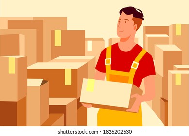 Young man working at a warehouse with boxes