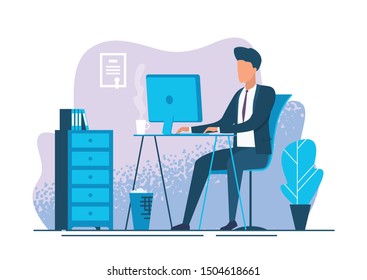 Young Man Working At Workplace. Businessman At Workplace. Bank Employee. Vector Illustration