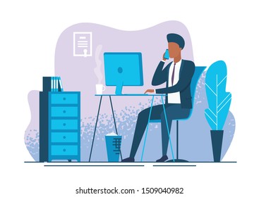 Young man working at workplace. Businessman at workplace. Bank employee. Vector illustration