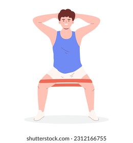 Young man workout with elastic band, cartoon, character