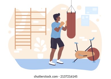 Young man workouts using punching box bag. Fighting sport and keeping good fitness shape flat vector illustration