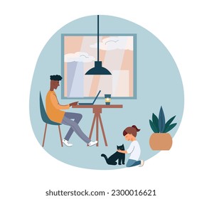 a young man works in an animal-friendly cafe.Nearby, a little girl is stroking a cat. Flat vector cartoon illustration.