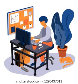 A young man works at a computer in his home office. Desk and whiteboard for notes. Illustration in flat style.