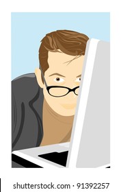 The young man works at the computer and looks out from for it