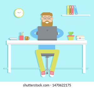 A young man works at a computer in the office. Vector illustration.