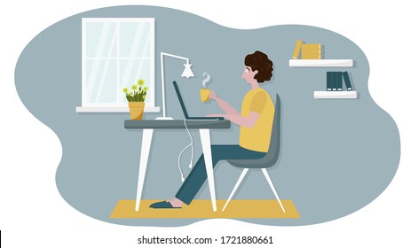 Young man works at a computer, online. Stay home, distant work. Picture on a blue background. Vector illustration in flat style.Concept illustration for freelance, training, business online, epidemic