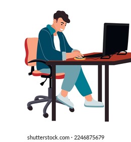 Young man works at computer using a mouse. Male is sitting in comfortable armchair at the table.Side view.Relax,leisure or education concept.Cartoon flat style vector illustration isolated on white.