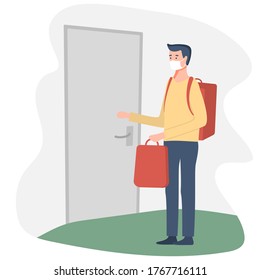 Young man works as a courier to deliver food and products for people from restaurants and shops, knocks the door. Delivery man wears medical mask for safe service in pandemic situation.