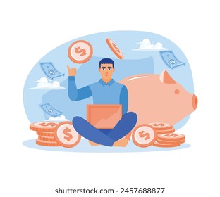 A young man works as a freelancer. Work from home and make money online. Earning money concept. Flat vector illustration.