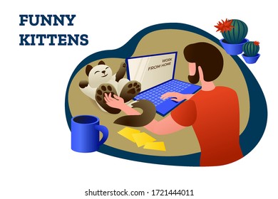 A young man works from home at a computer and plays with a funny cat. Siamese cats are wonderful Pets, favorite 
domestic animal of adults and children. Work from home, remote work. Stay home.