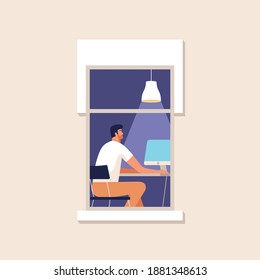 A young man works at home at the computer. Work at home. Online study, education. Facade of house with a window. Vector illustration.