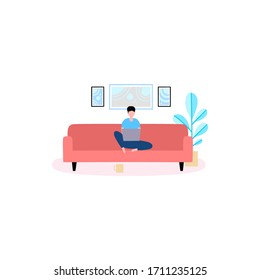 Young man works at home with a laptop. Freelancer works on the couch. Vector illustration in a flat style