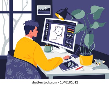 Young man works at home on computer. Comfortable conditions for remote work. Work during a pandemic, freelancing, self-employment. Cozy modern interior in cute flat cartoon style vector illustration.