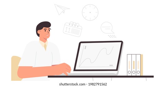 A young man works at a laptop at the desk. Business environment with graphs on the monitor and deadlines. Flat vector illustration of guy in office