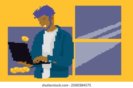 A young man works at a laptop in pixel art style. Concept for the crypto industry, old 8-bit games and remote work at home.