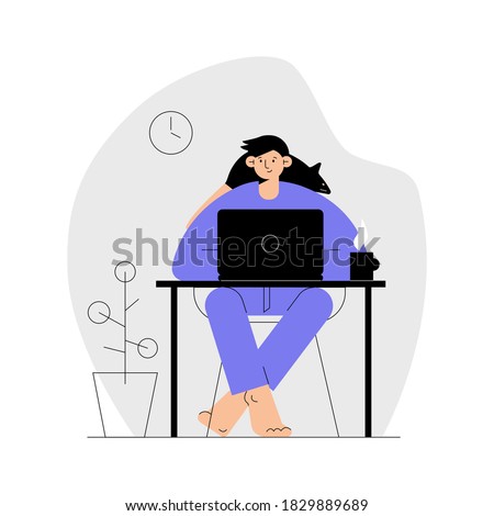 Young man works at the laptop with ret, plant, clock isolated on gray background. Web development concept. Freelacer at home. Distant work quarantined. Stay home stay safe  Stok fotoğraf © 
