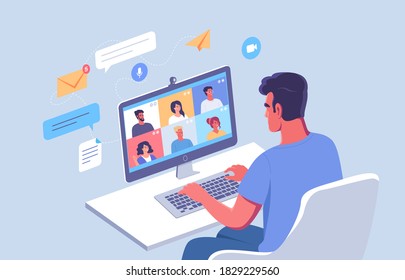 Young man works on computer online isometric vector illustration 