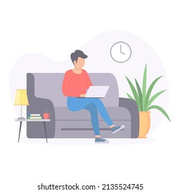 Young man works on the computer on the couch. Vector flat style illustration.