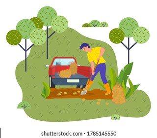 Young man works on green farm field, digging potatoes with shovel. Harvest in meshed eco bags. Car with a trailer and bags of potatoes. Work on a fresh air. Self-sufficiency. Green grass and trees