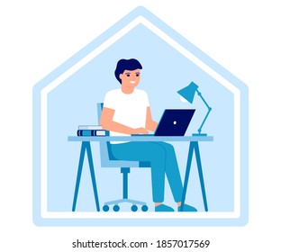 Young man works on laptop at home. Online education, distance learning or working at home concept. Workspace, home office, remote work. Vector flat illustration