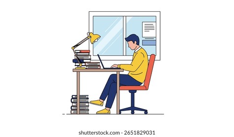 Young man works on laptop by desk with books and lamp near window