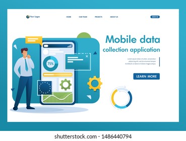 Young man works on a mobile application for data collection and analysis. Flat 2D character. Landing page concepts and web design